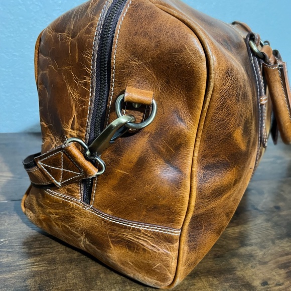 Brown Leather Duffel Bag with Pockets - Picture 4 of 13